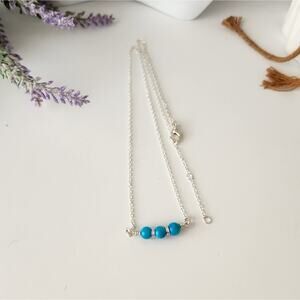 Silver Dainty Trio Turquoise Seashell Bar Necklace / Wire Wrapped Blue Necklace